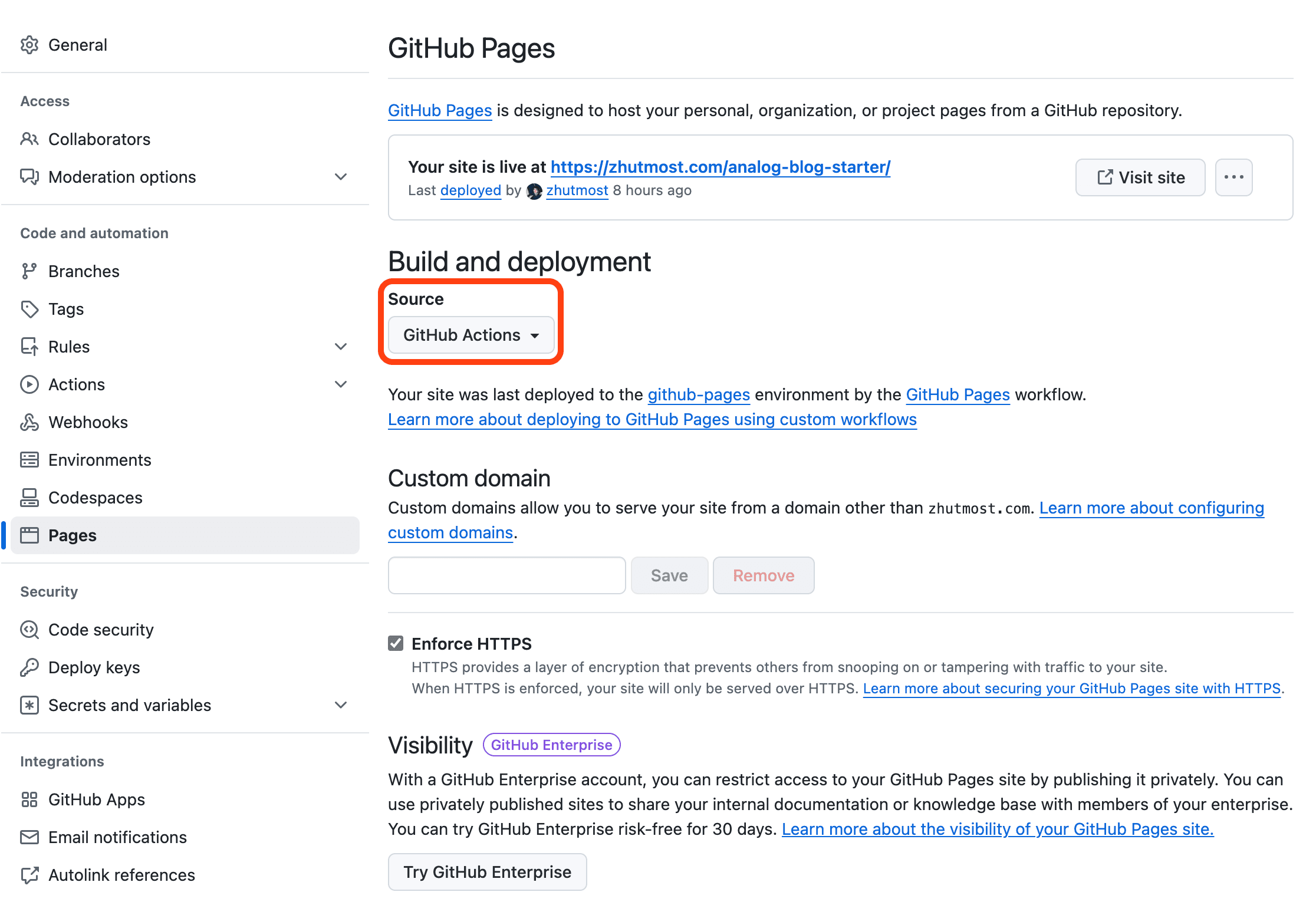 Screenshot of GitHub Pages deployment - step 2