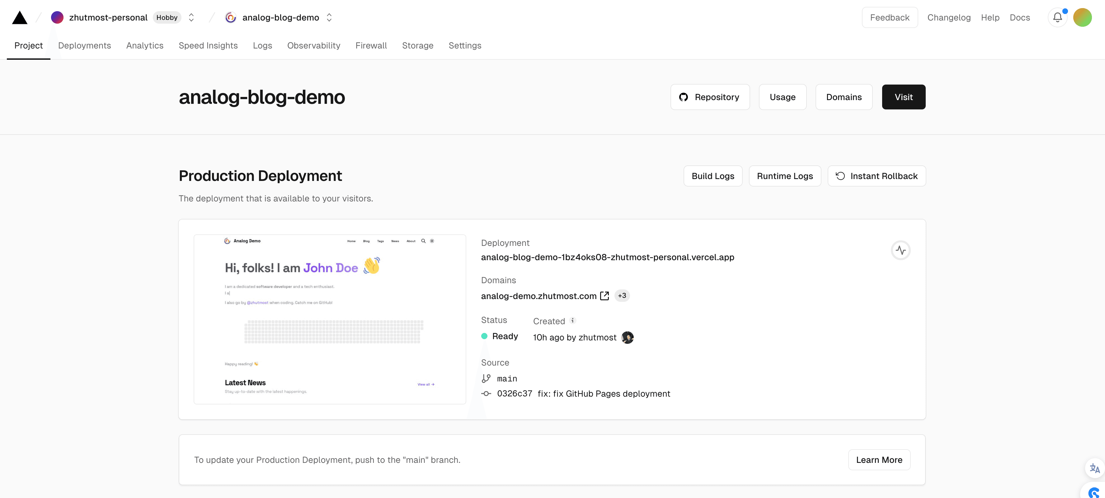 Screenshot of Vercel deployment - step 3