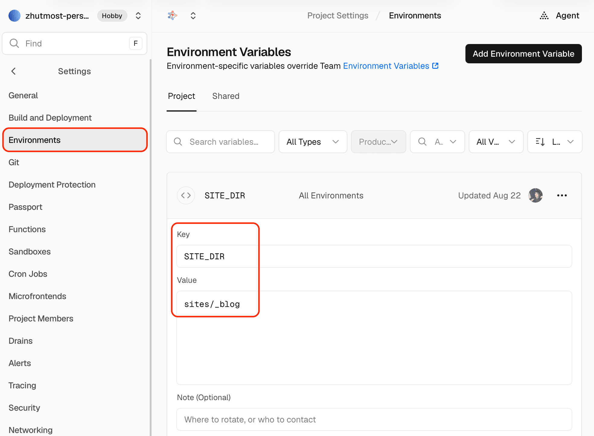 Set the site directory in Vercel