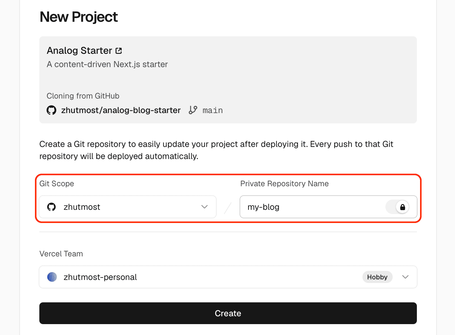 Create a Git repository for the Vercel project